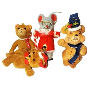 Vintaged Flocked Kitsch Trio of Christmas Bears W/Buddy Santa Mouse Ornament